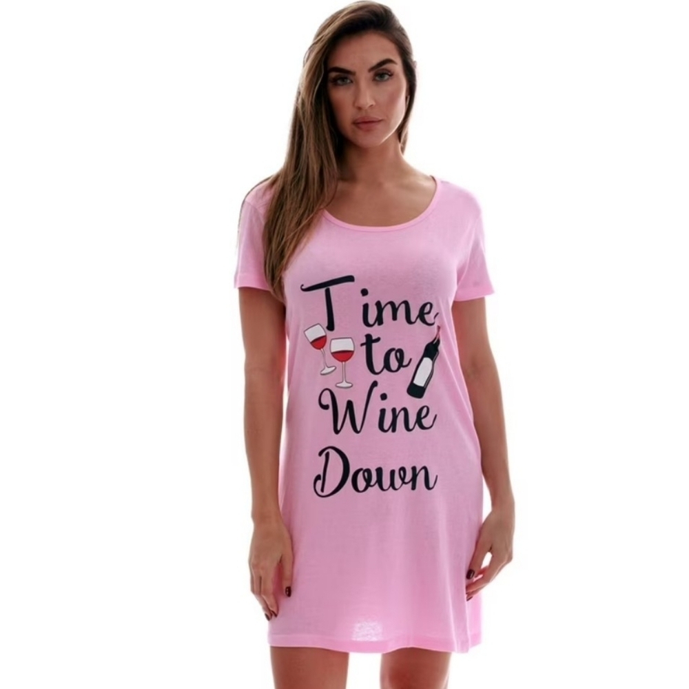 "Time to Wine down" Graphic Sleep shirt Pink Size 2X